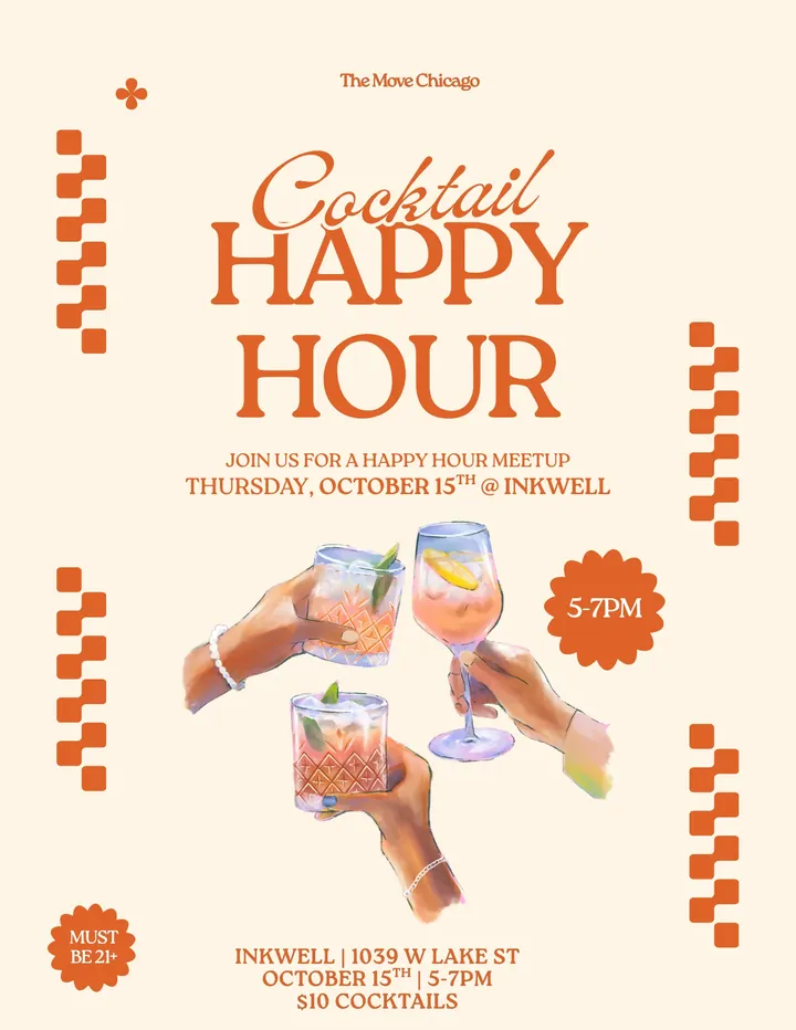 Happy Hour Meetup flyer: Inkwell, 1039 W Lake St. Thursday, October 15, 5 to 7PM. $10 cocktails. Must be 21+.